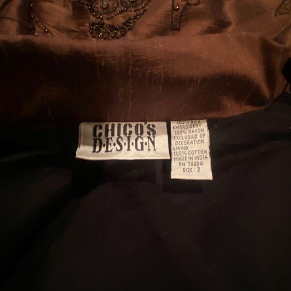 Chico’s Design 100% Silk Embroidery Blazer Jacket Size 2 (Large) Brown Beaded - Picture 6 of 15